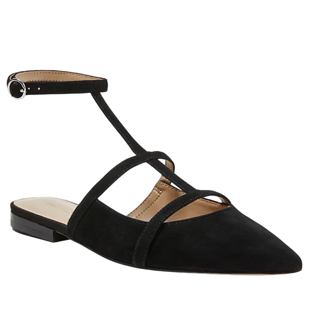 Ann Taylor Black Suede Pointy Toe T-Strap Flat Shoes Size 7